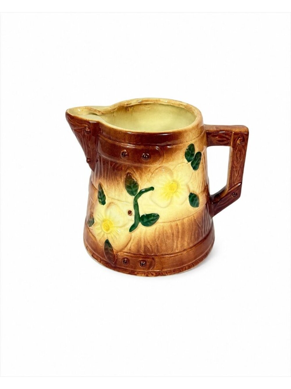 Stonware Pitcher American Bisque Dogwood Tree Bark Hand Painted Farmhouse Cottag